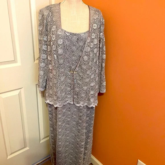 R&M Richards | Dresses | Rm Richards Silver Lace Jacket Dress 8w | Poshmark